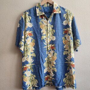 Tommy Bahama Shirt Mens Large Blue Silk Floral Hawaiian Pineapple Button Up Camp